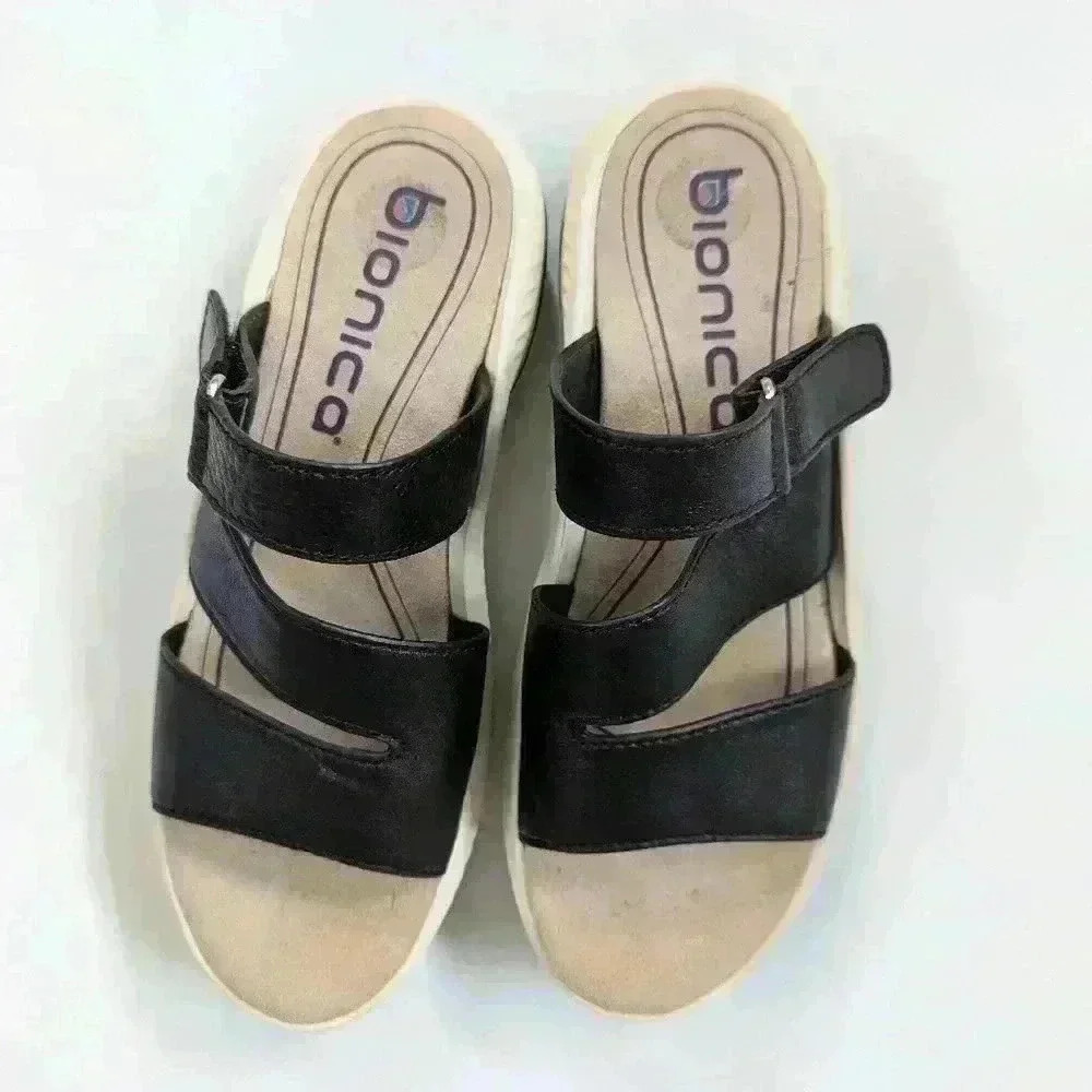 Bionica Black Leather Slip On Adjustable Sandals Size 7